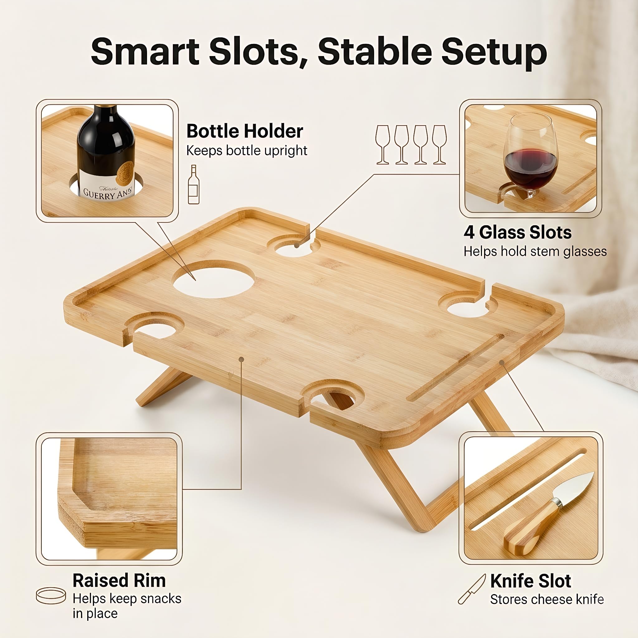 Amazon.com: Kingrol Bamboo Picnic Wine Table, Foldable Outdoor